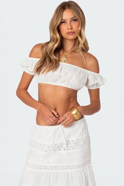 Skye Off Shoulder Eyelet Crop Top 100% Cotton Bubble Style