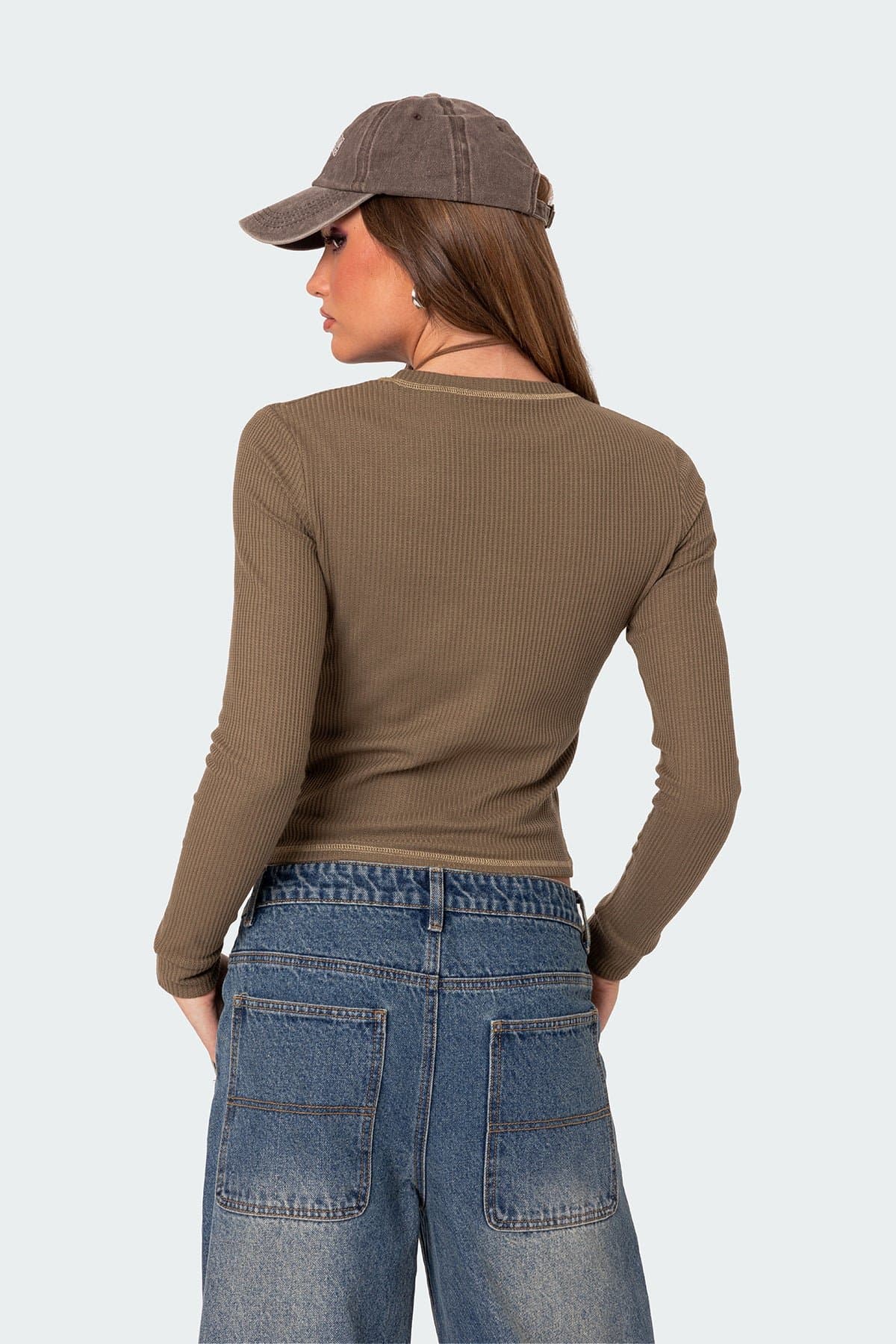 Army Wife Graphic Ribbed Long Sleeve T-Shirt - Cotton Polyester Spandex