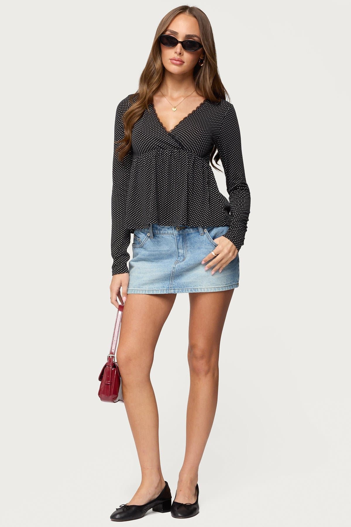 Kenzie Long Sleeve Babydoll Top V-Neck Polka Dot Print Polyester Spandex