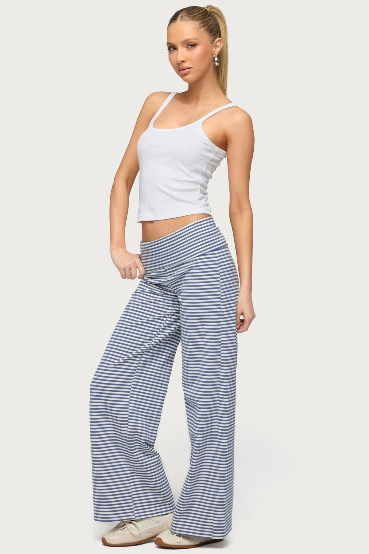Petite Lilah Striped Fold Over Wide Leg Pants - Cotton Polyester Spandex