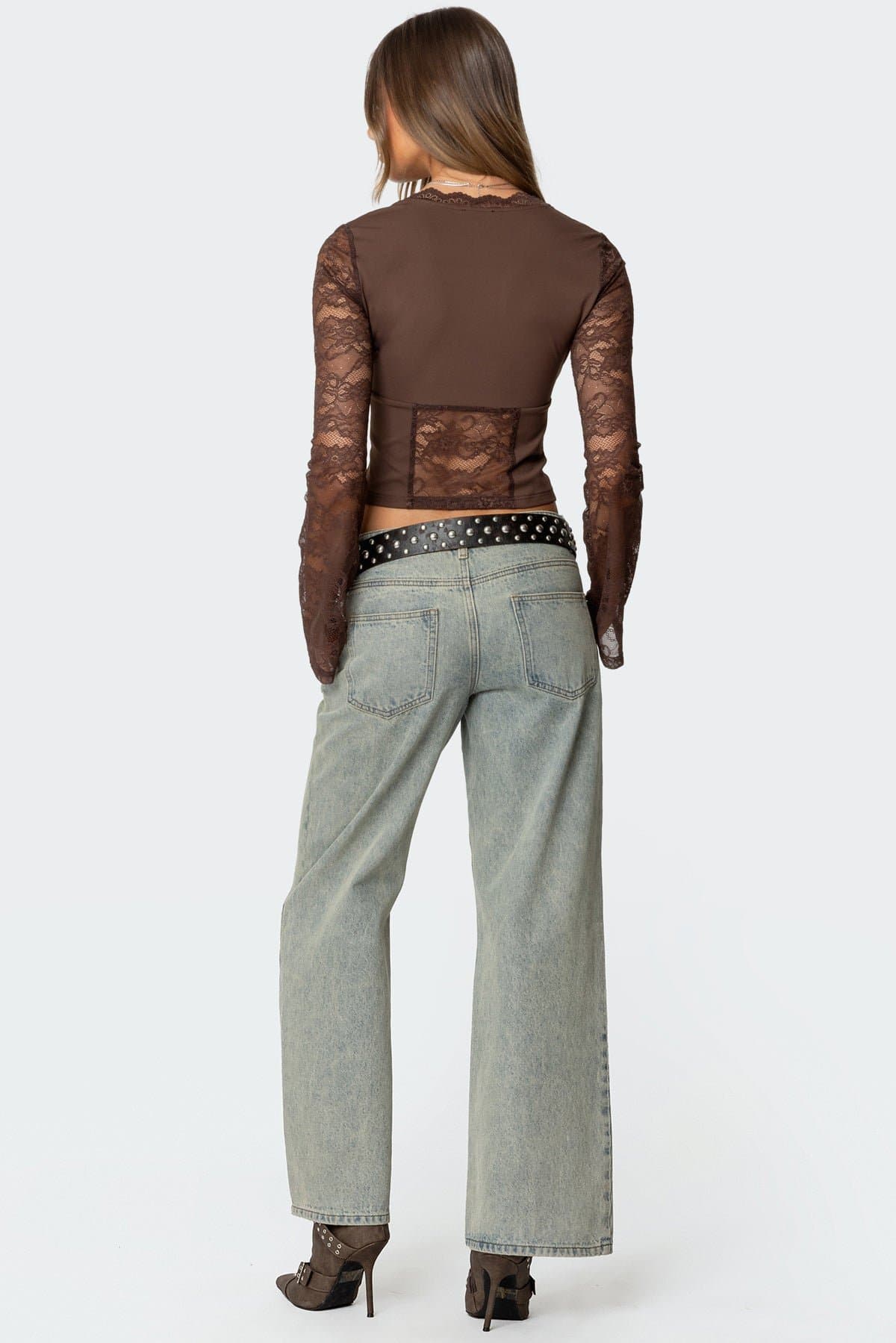 Stephi Lacey Split Front Top - Long Sleeve Polyester Spandex Sheer Lace Trim