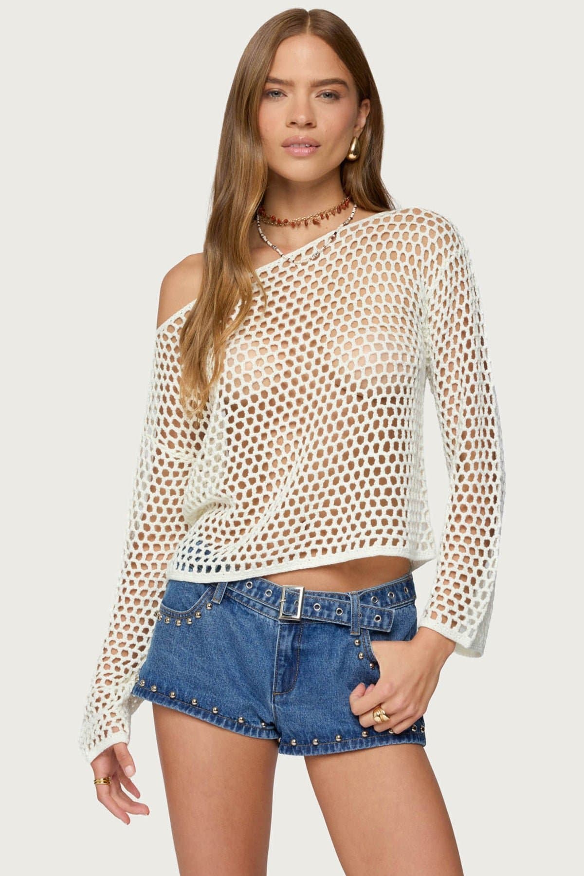 Kalley Off Shoulder Crochet Top Long Sleeve Acrylic
