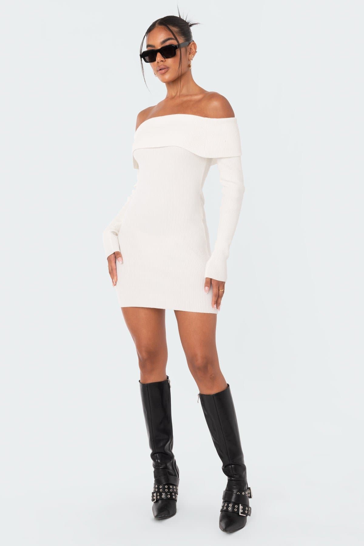 Emma Foldover Knitted Mini Dress - Off Shoulder Long Sleeve Polyester Rayon