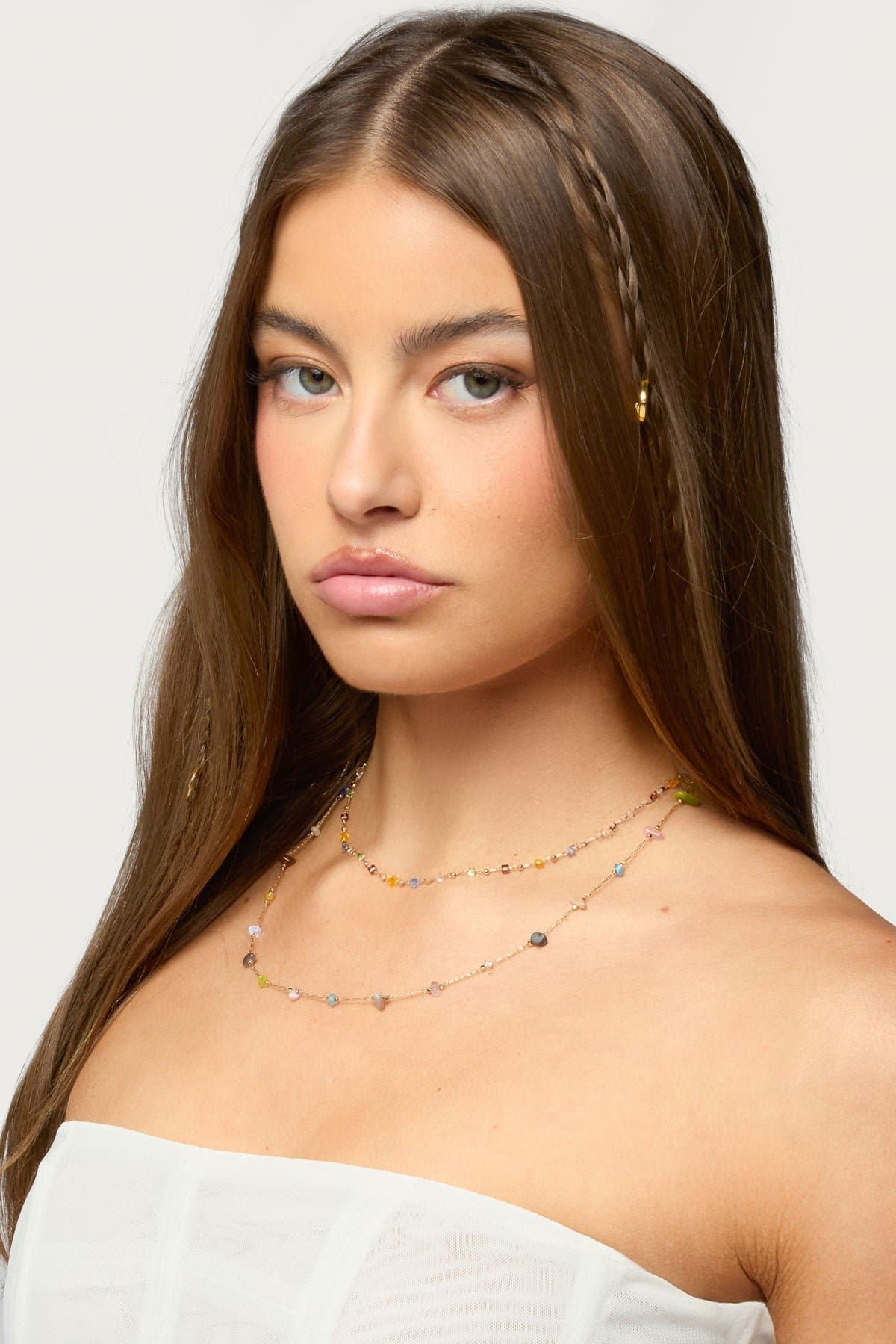 Layered Mixed Stone Necklace - Gold Tone Metal Glass Resin 14.1 Inch Length