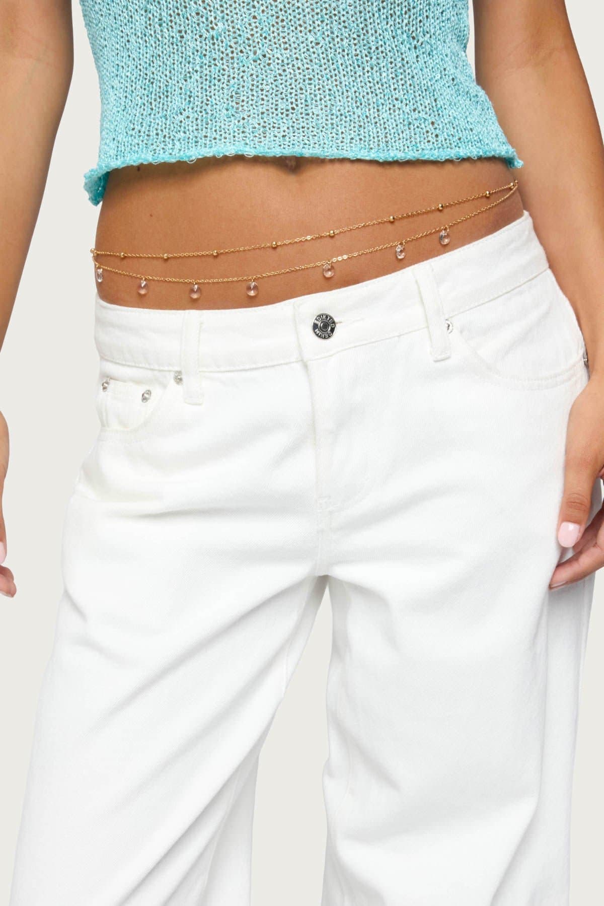 Gem & Bead Double Belly Chain Gold Tone Metal 27.1 Inch Length