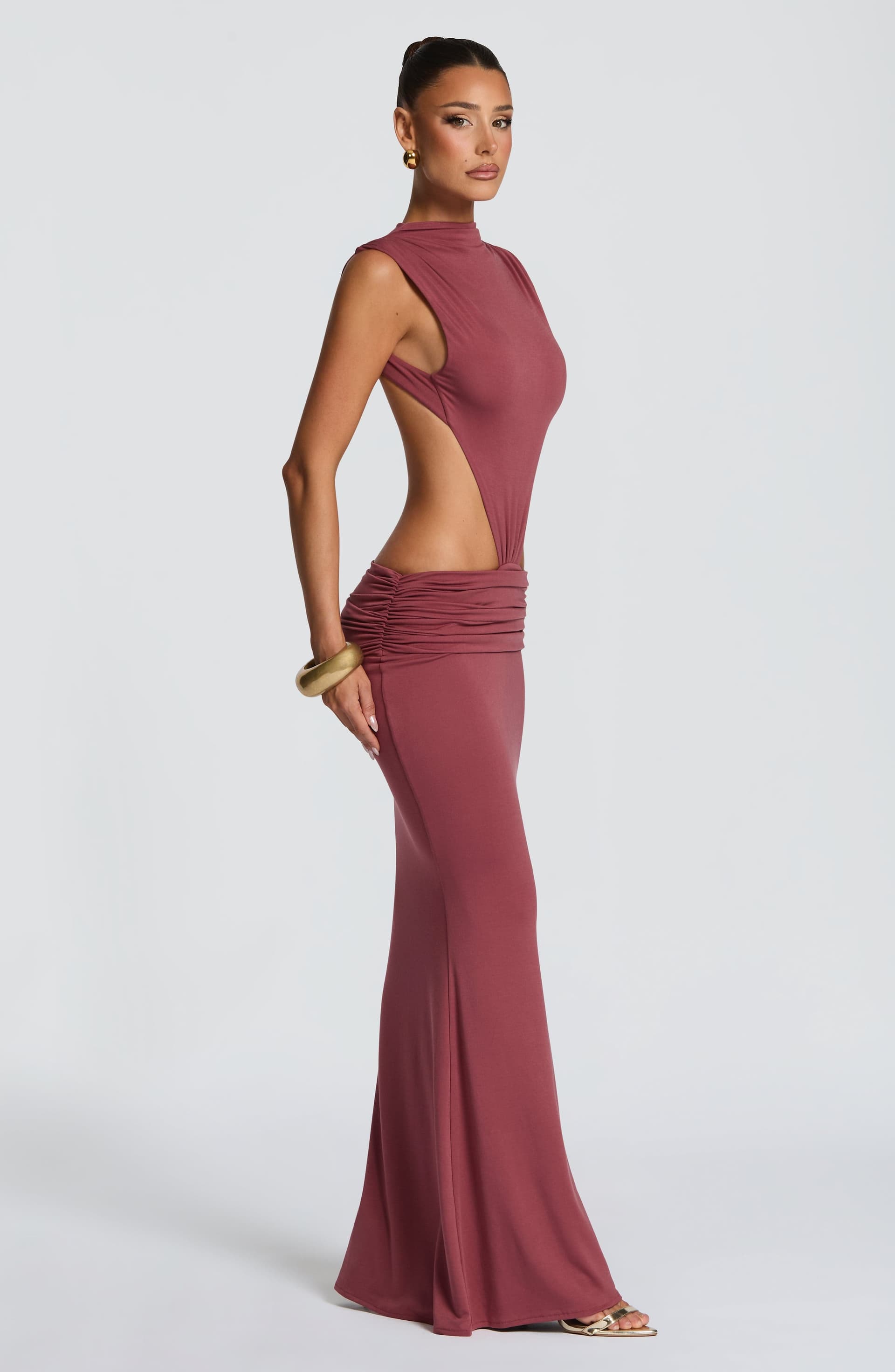 Fenella Maxi Dress in Rose Brown - High Neck Backless Sleeveless Modal Jersey