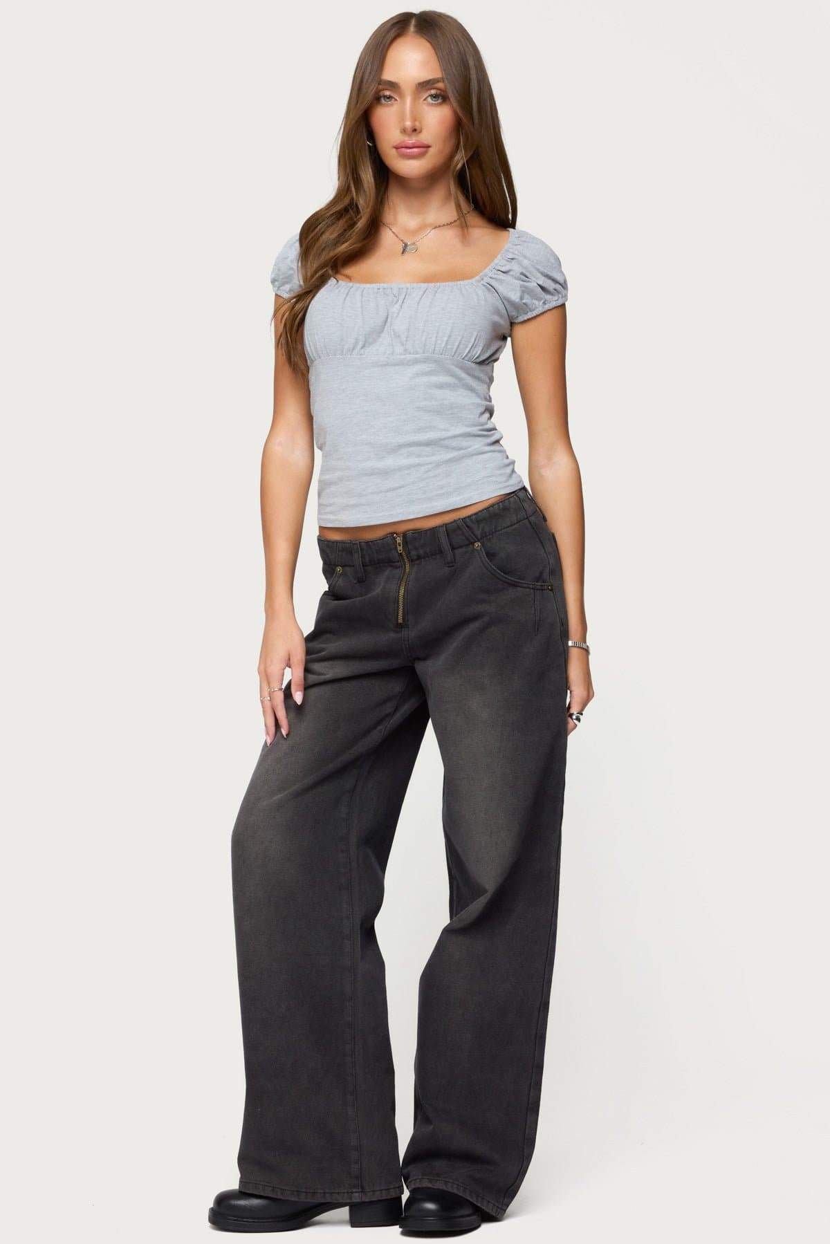 Oleana Gathered Bust Top Short Sleeve Cotton Spandex Women's Blouse