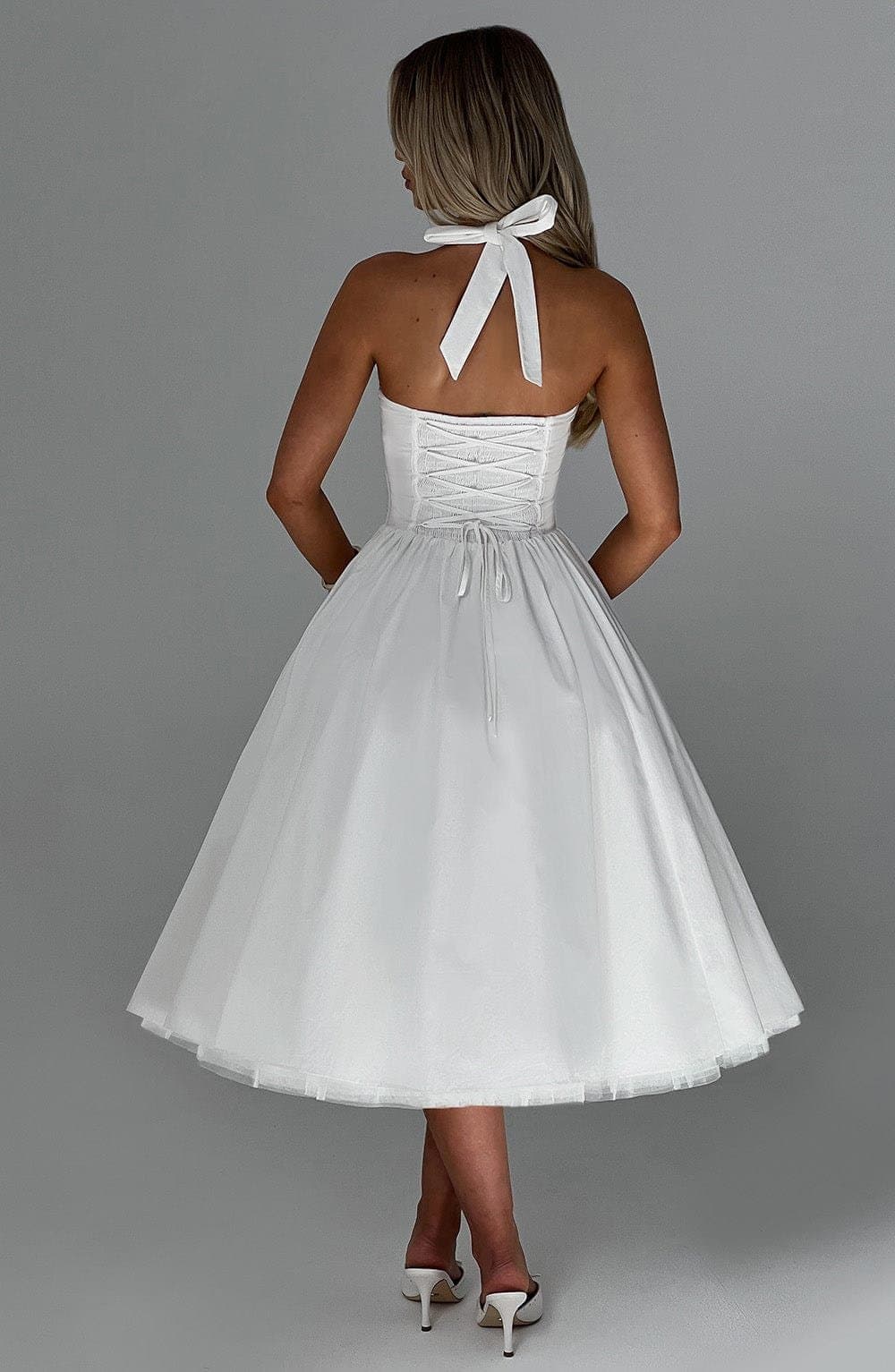 Cressida Midi Dress in Ivory - Square Halter Neck Cotton Blend