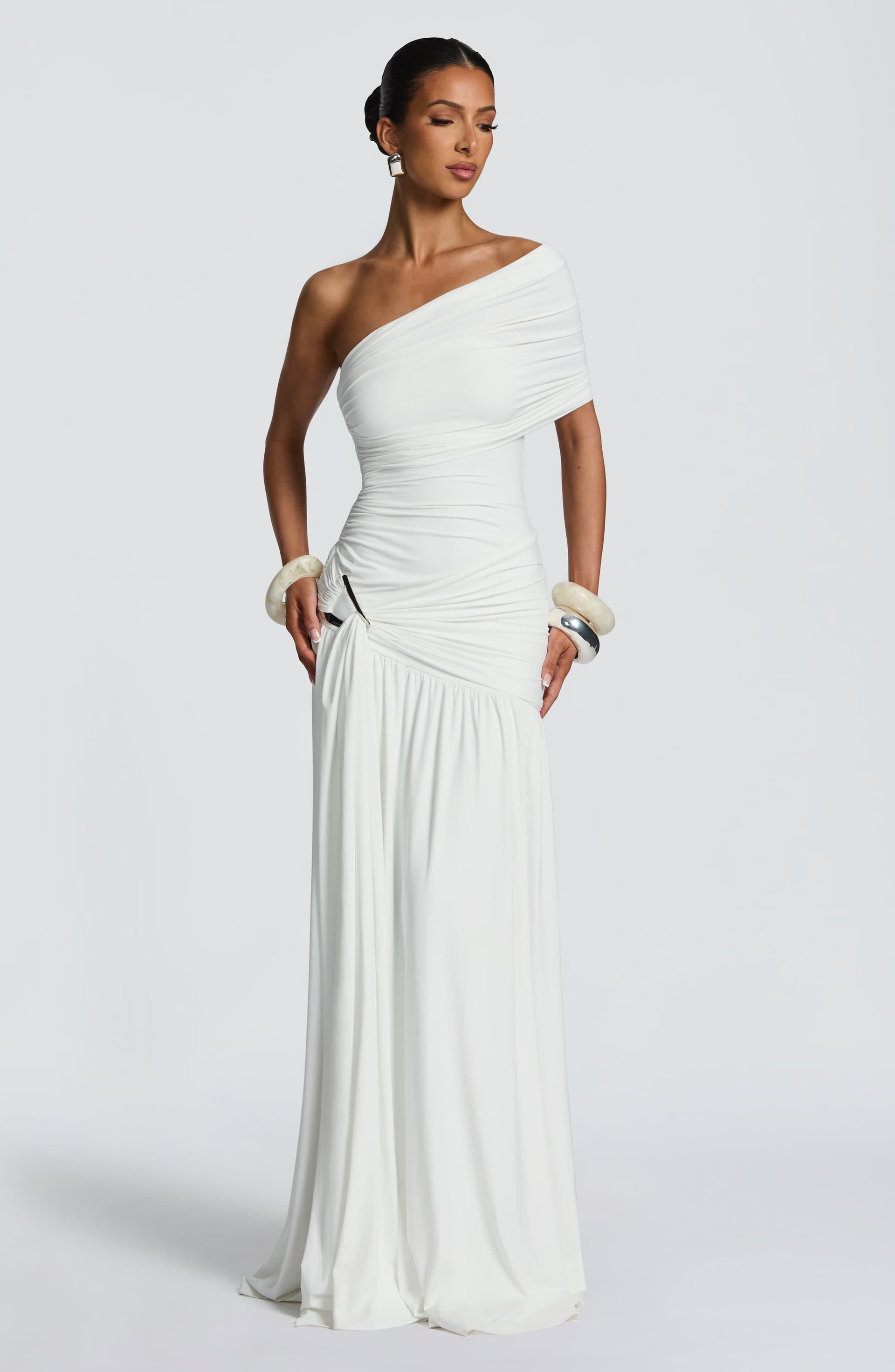 Monica Maxi Dress - White One Shoulder Bardot Neckline with Thigh High Split