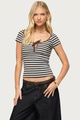 Emberly Striped Raglan Top - Cotton Spandex Scoop Neck Front Tie Button Detail