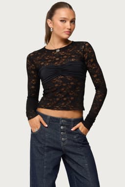 Rosette Bandeau Sheer Lace Top - Long Sleeve Polyester Spandex