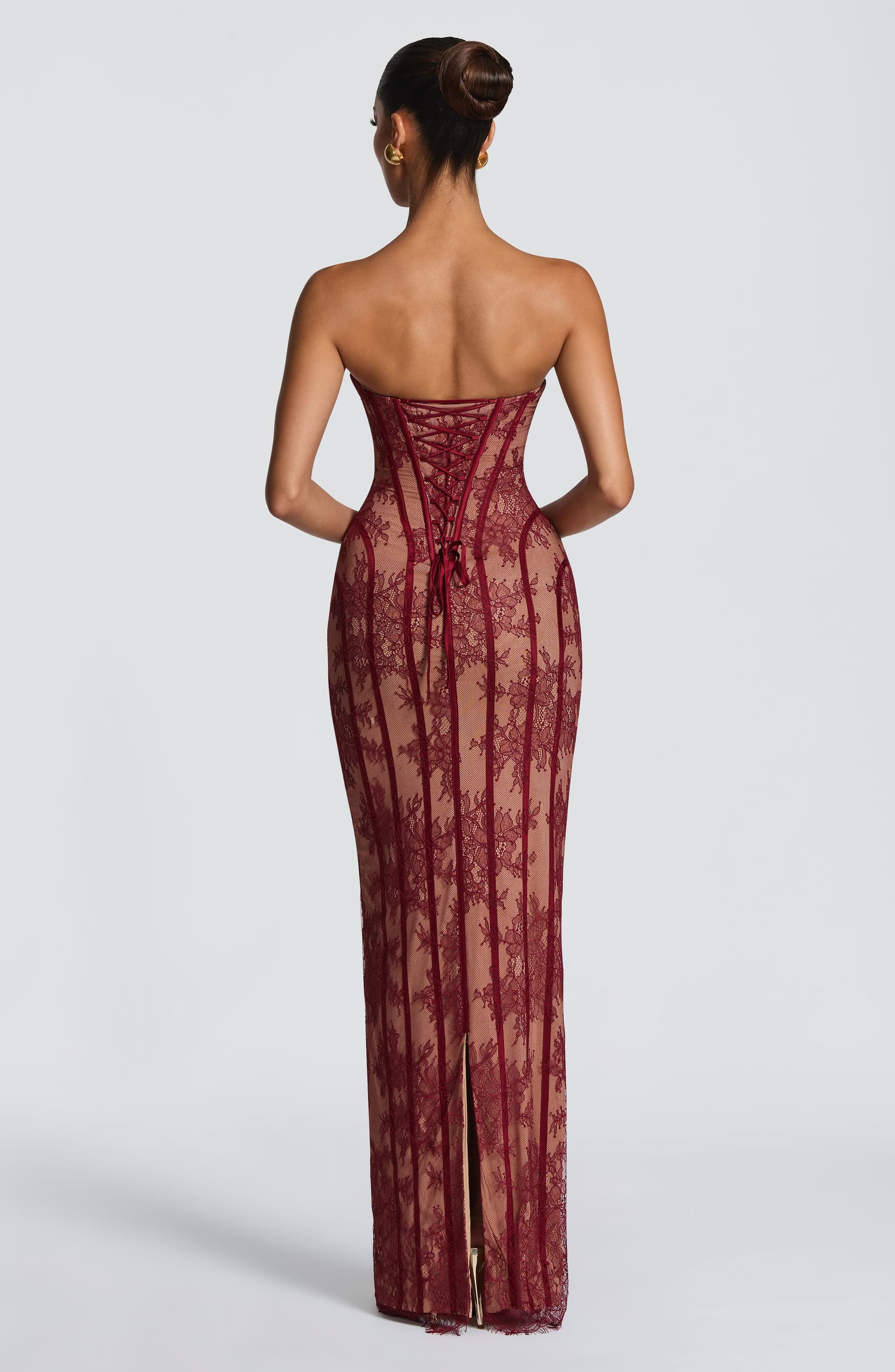 Sian Burgundy Floral Lace Strapless Maxi Dress with Underwire Cups