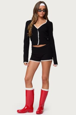 Sansa Lacey Knit Micro Shorts - Rayon Polyester Nylon, Contrast Lace Trim