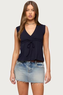 Rusanna V Neck Babydoll Top - Polyester Acrylic Spandex Tie Detail