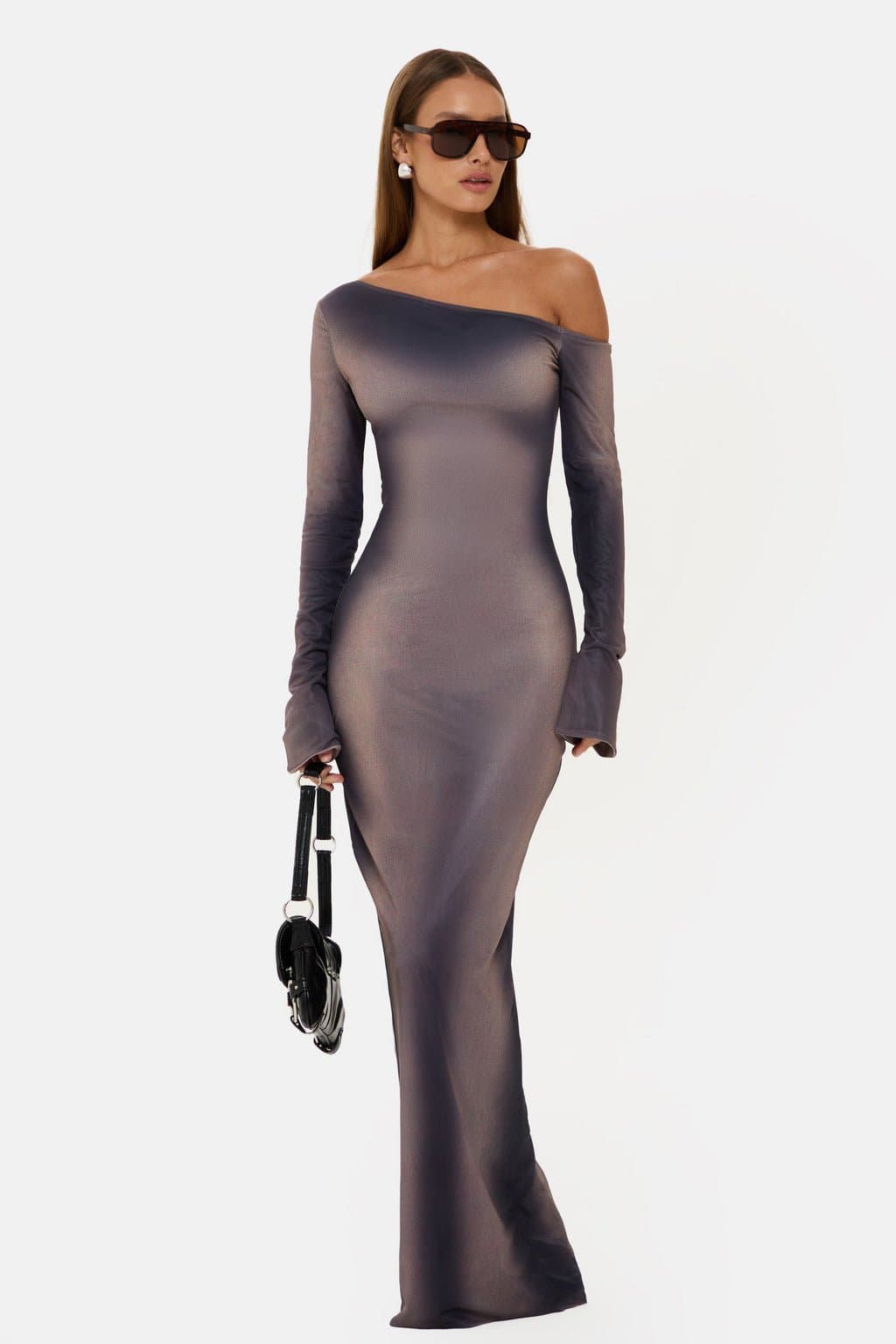 Monroe One Shoulder Long Sleeve Maxi Dress with Body Illusion Print