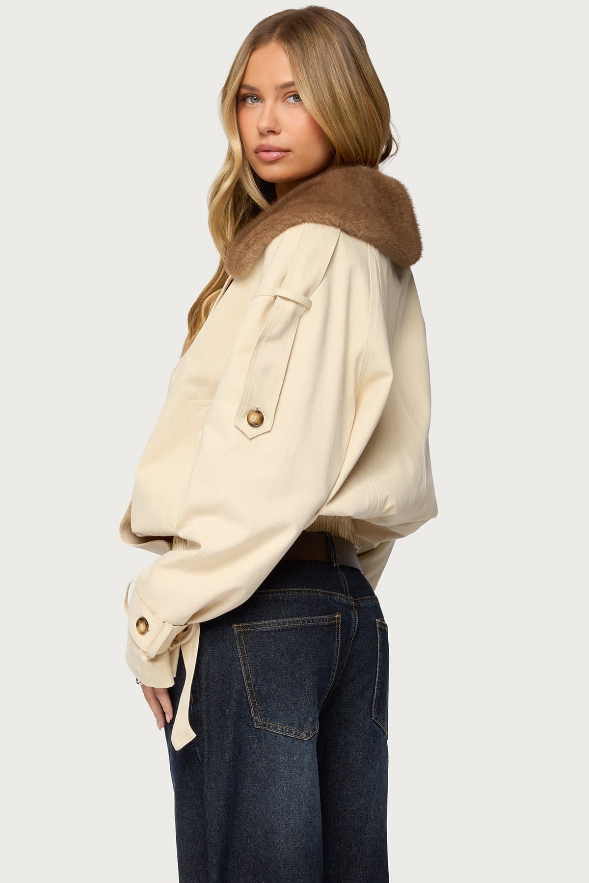 Detachable Faux Fur Collar Trench Coat Cinched Waist 100% Cotton