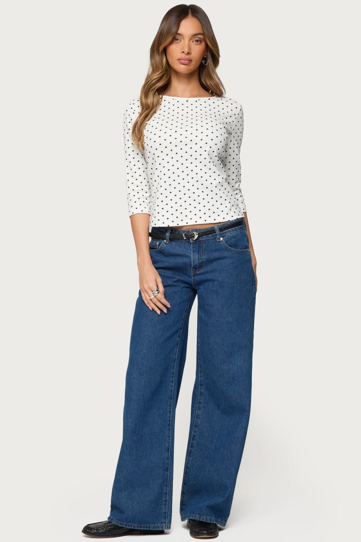 Lela Polka Dot Print Quarter Sleeve Top - Cotton Polyester Spandex Blend