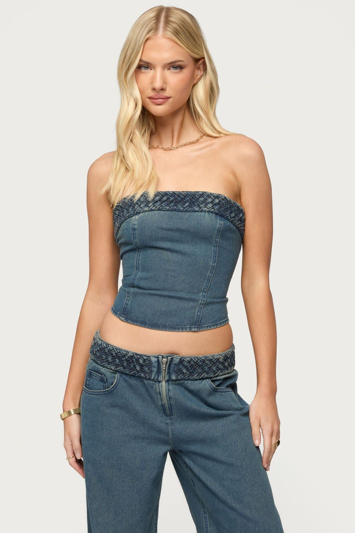 Braidey Strapless Denim Top with Lace Up Back and Braided Detailing 100% Cotton