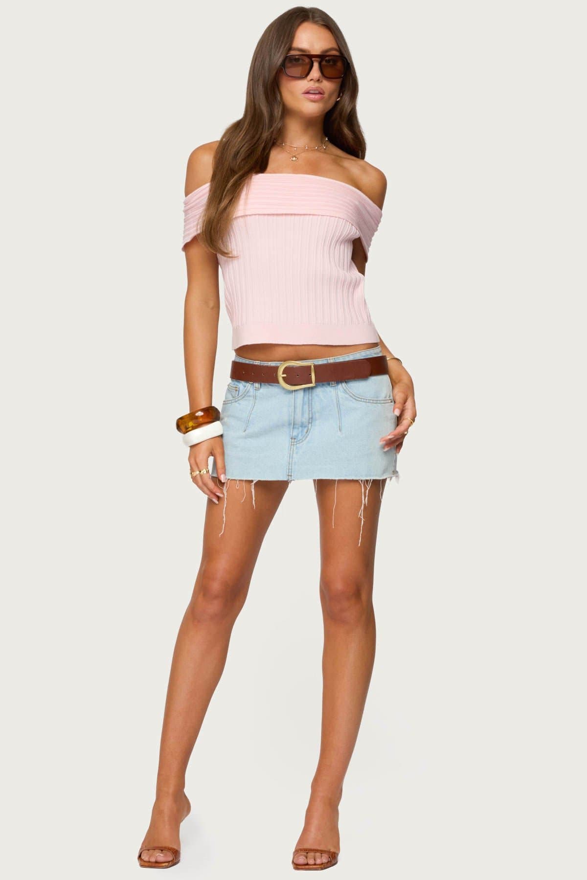 Blythe Ribbed Knit Fold Over Off Shoulder Top - Rayon Polyester Nylon