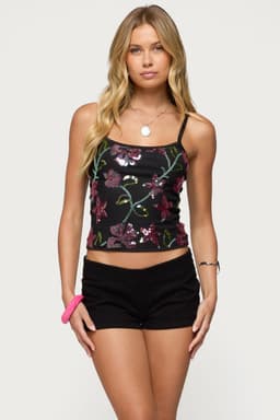 Beaded Floral Embroidered Tank Top with Adjustable Straps Polyester Spandex