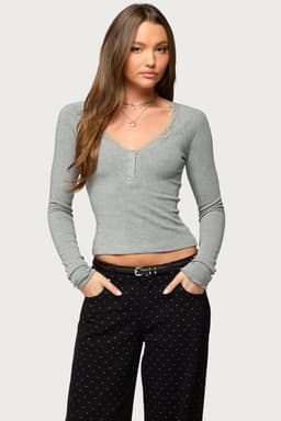 Shanah Lacey Henley Top - Long Sleeve with Button Detail and Lace Trim, Rayon Cotton Blend