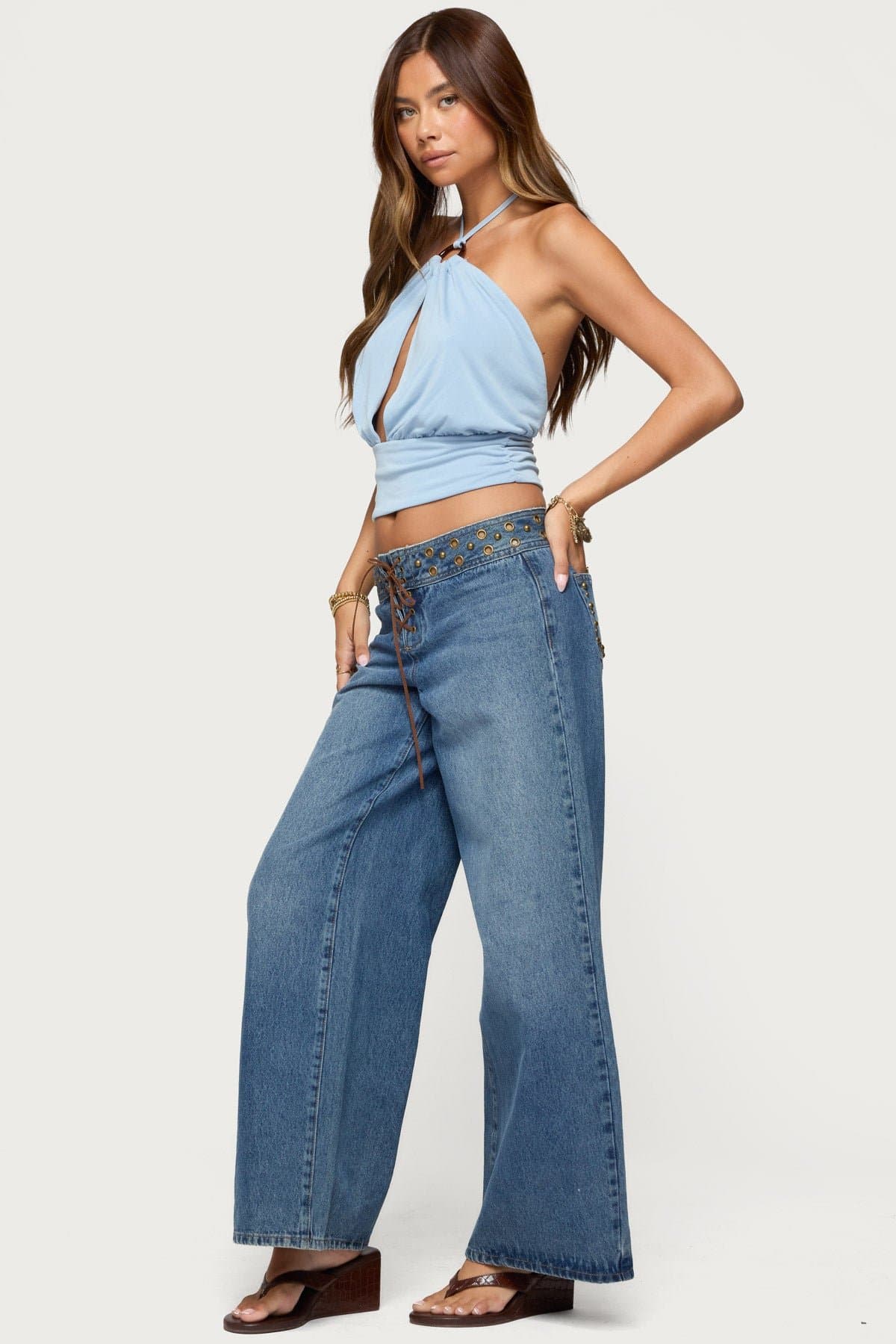 Khalia Backless Cut Out Halter Top - Polyester Rayon Neck Tie Cinched Waist