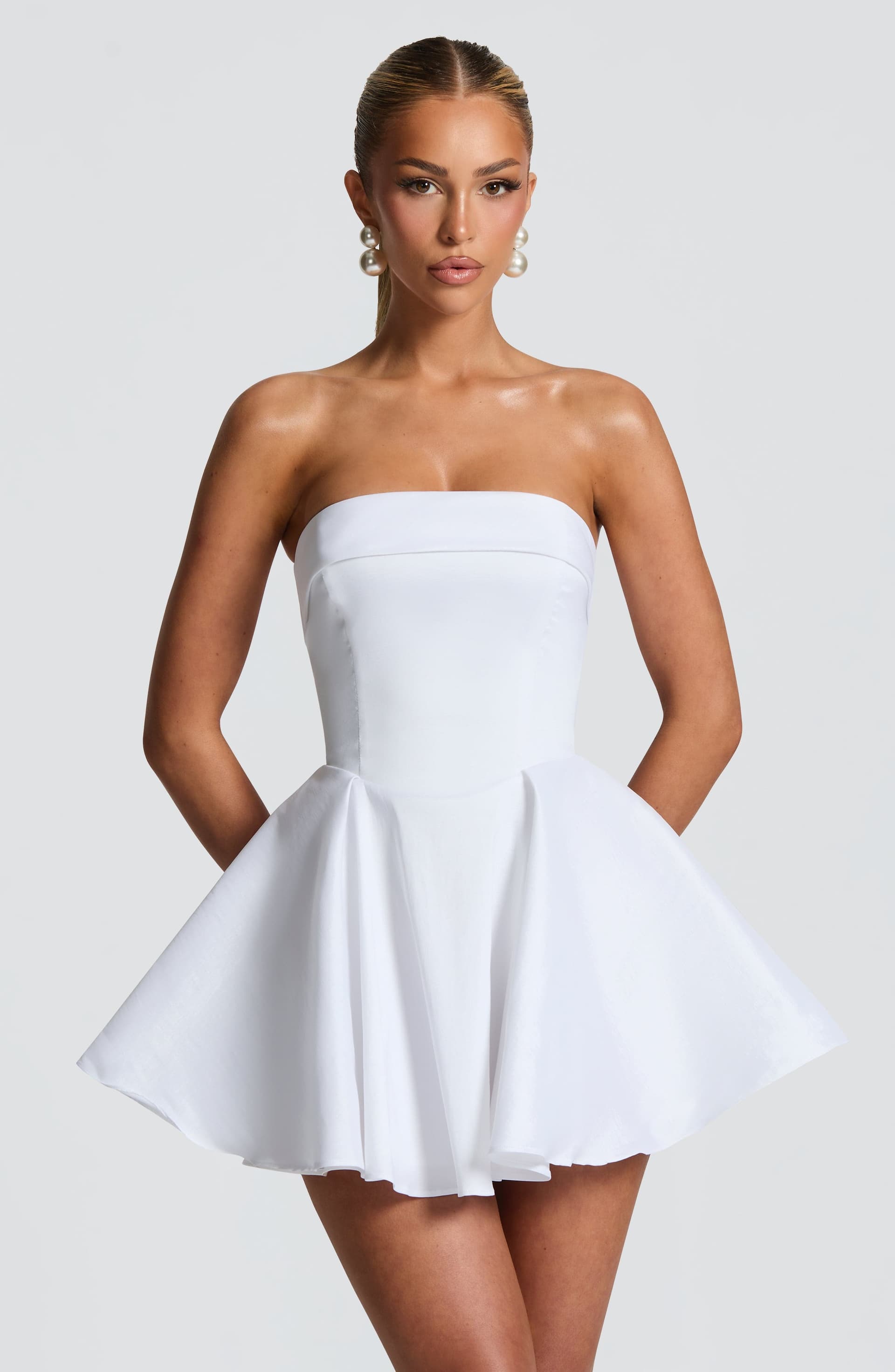 Dionne Mini Dress in Ivory Taffeta Strapless Lace-Up Back Full Circle Skirt