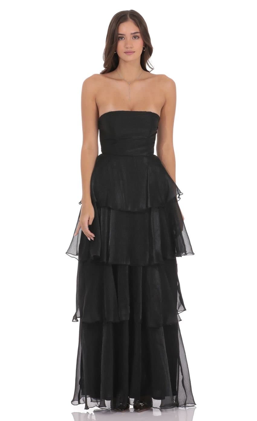 Corset Ruffle Strapless Maxi Dress in Black