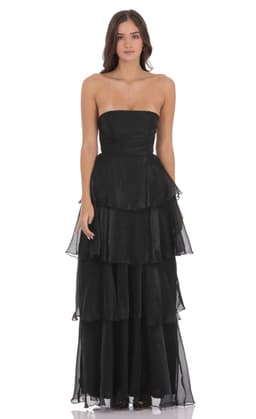 Corset Ruffle Strapless Maxi Dress in Black