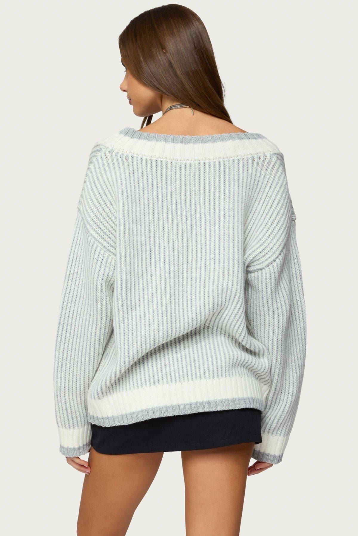 Lila V-Neck Cable Knit Sweater with Contrast Striped Detailing Acrylic