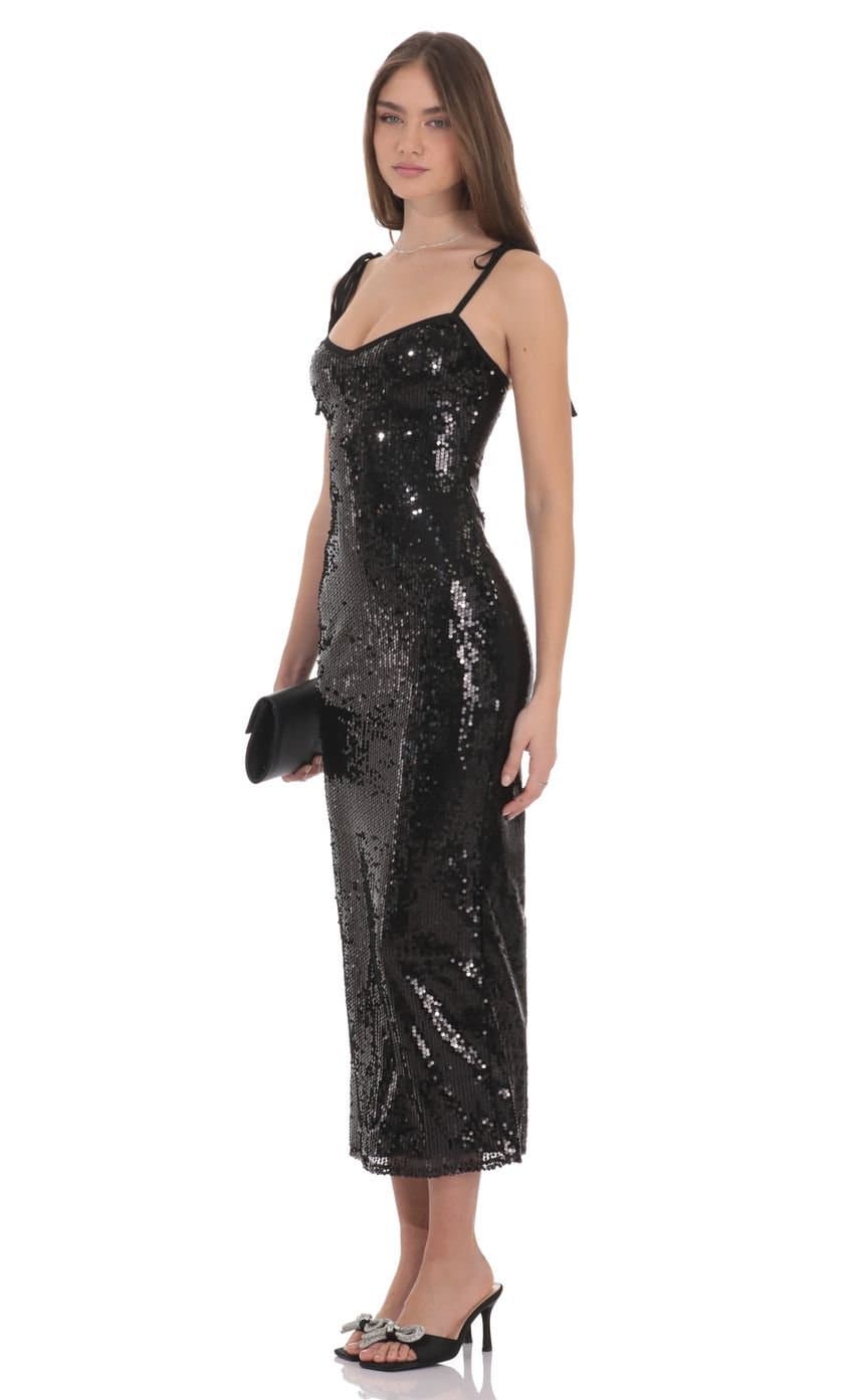Sequin Shoulder Tie Maxi Dress in Black