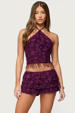 Keyla Bead Fringed Textured Halter Top - Floral Polyester Spandex