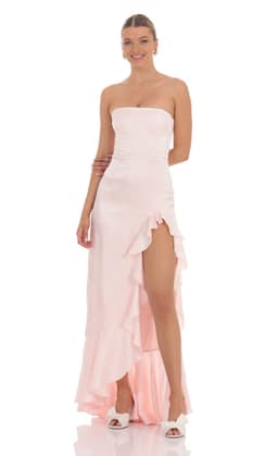 Satin Jacquard Back Bow Corset Maxi Dress in Pink