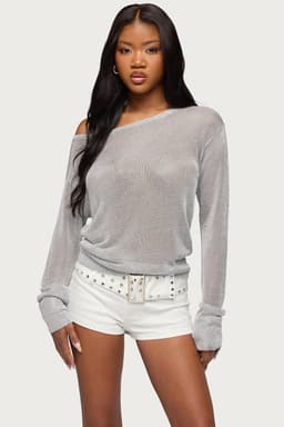 Charlo Off Shoulder Shiny Knit Long Sleeve Top