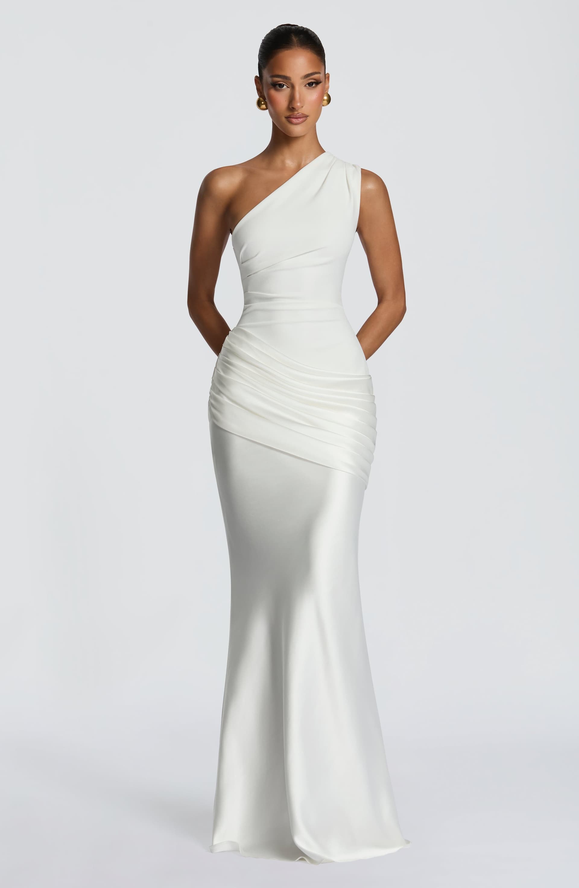 Sadona Maxi Dress in Ivory - One Shoulder Stretch Crepe Bodice Satin Skirt