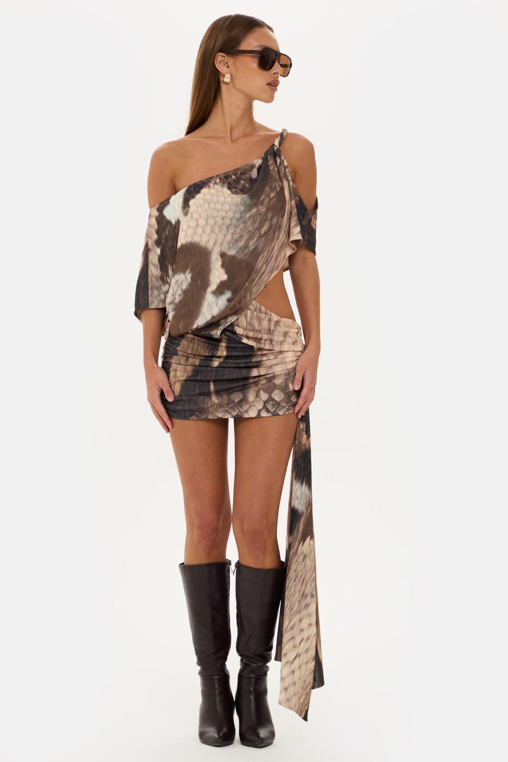 COCO Asymmetric Off Shoulder Snake Print Mini Dress with Ruched Skirt