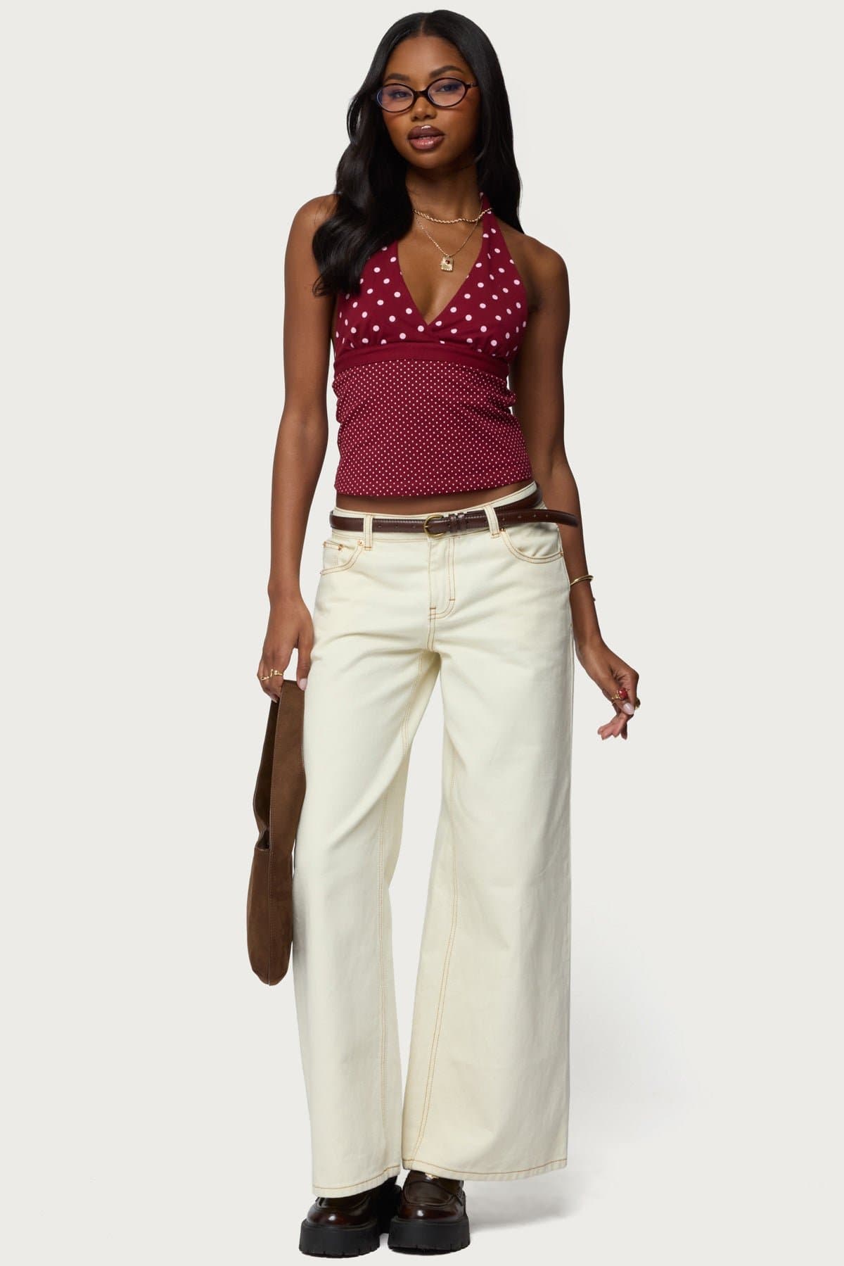 Ginny Mixed Polka Dot Halter Top - Cotton Spandex V-Neck Gathered Bust