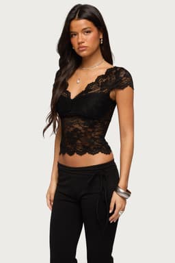 Elza Scalloped Sheer Lace Top - V Neck Nylon Spandex Blouse