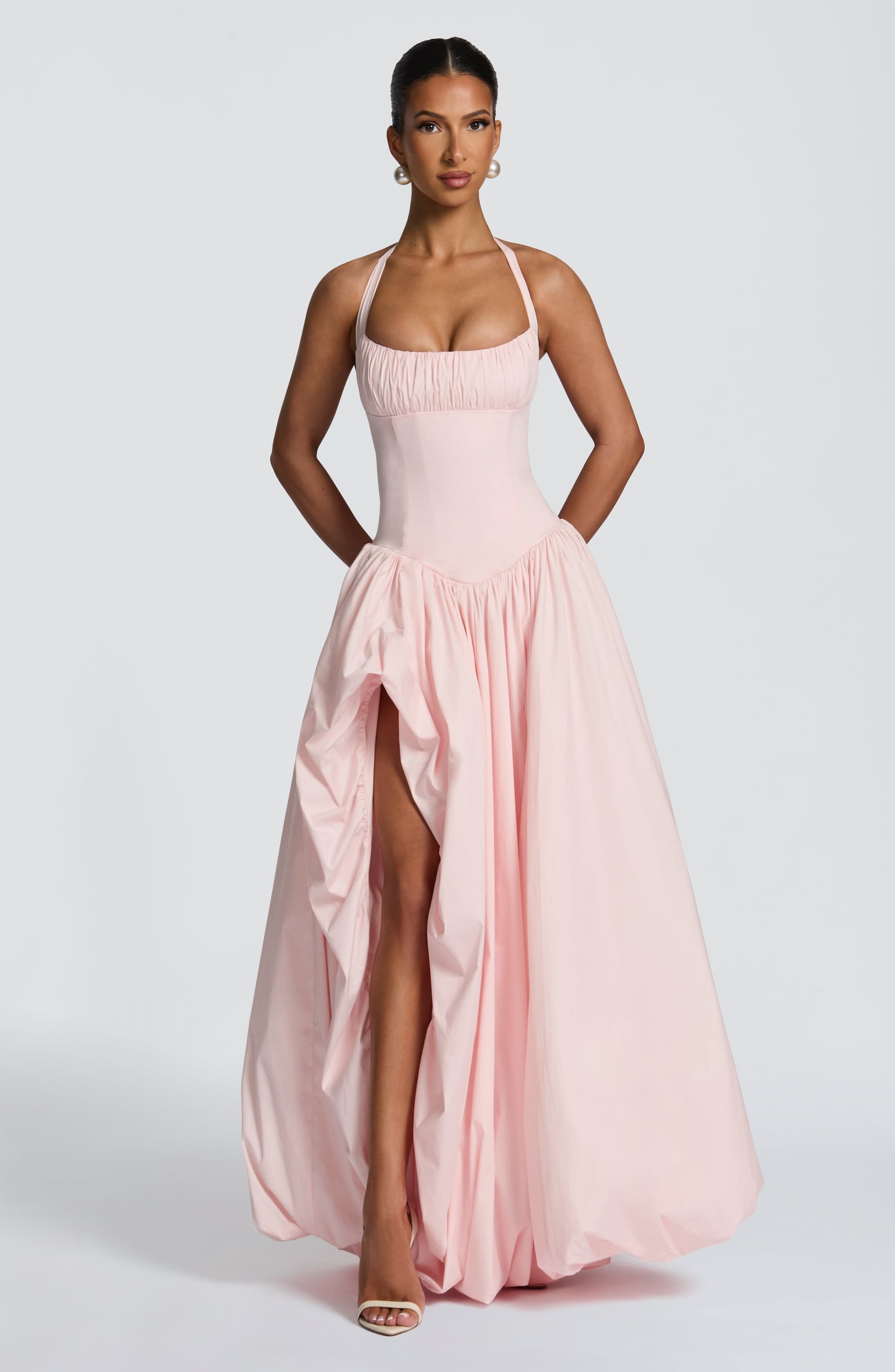 Keira Maxi Dress - Blush Pink Halterneck Lace-Up Back Puffball Skirt