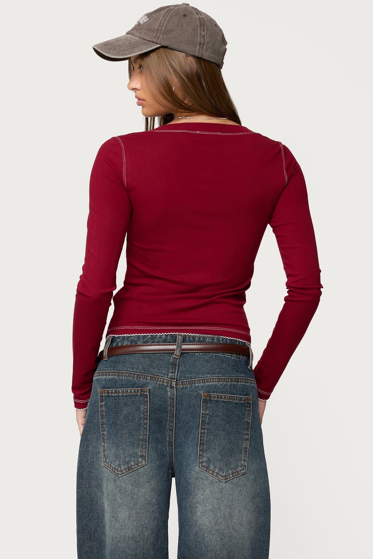 Yael Contrast Stitch Long Sleeve Henley Top in Rayon Spandex