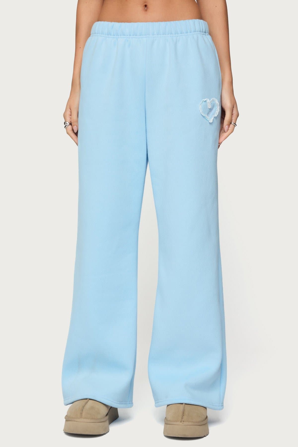 Love Edikted Wide Leg Sweatpants with Lace Heart Patch & Embroidered Text