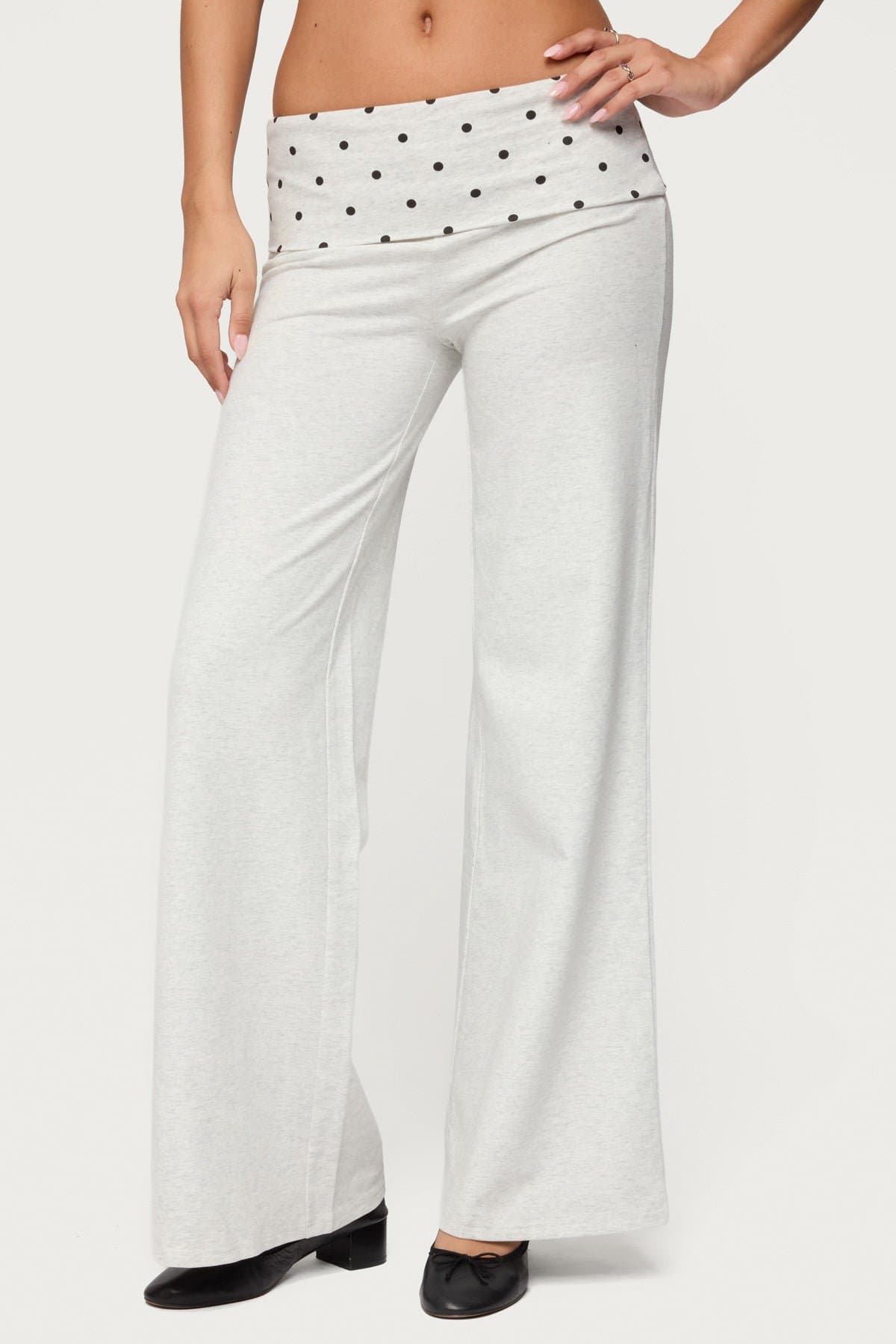 Reeva Polka Dot Foldover Wide Leg Pants - Cotton Spandex Size S Inseam 31.9"