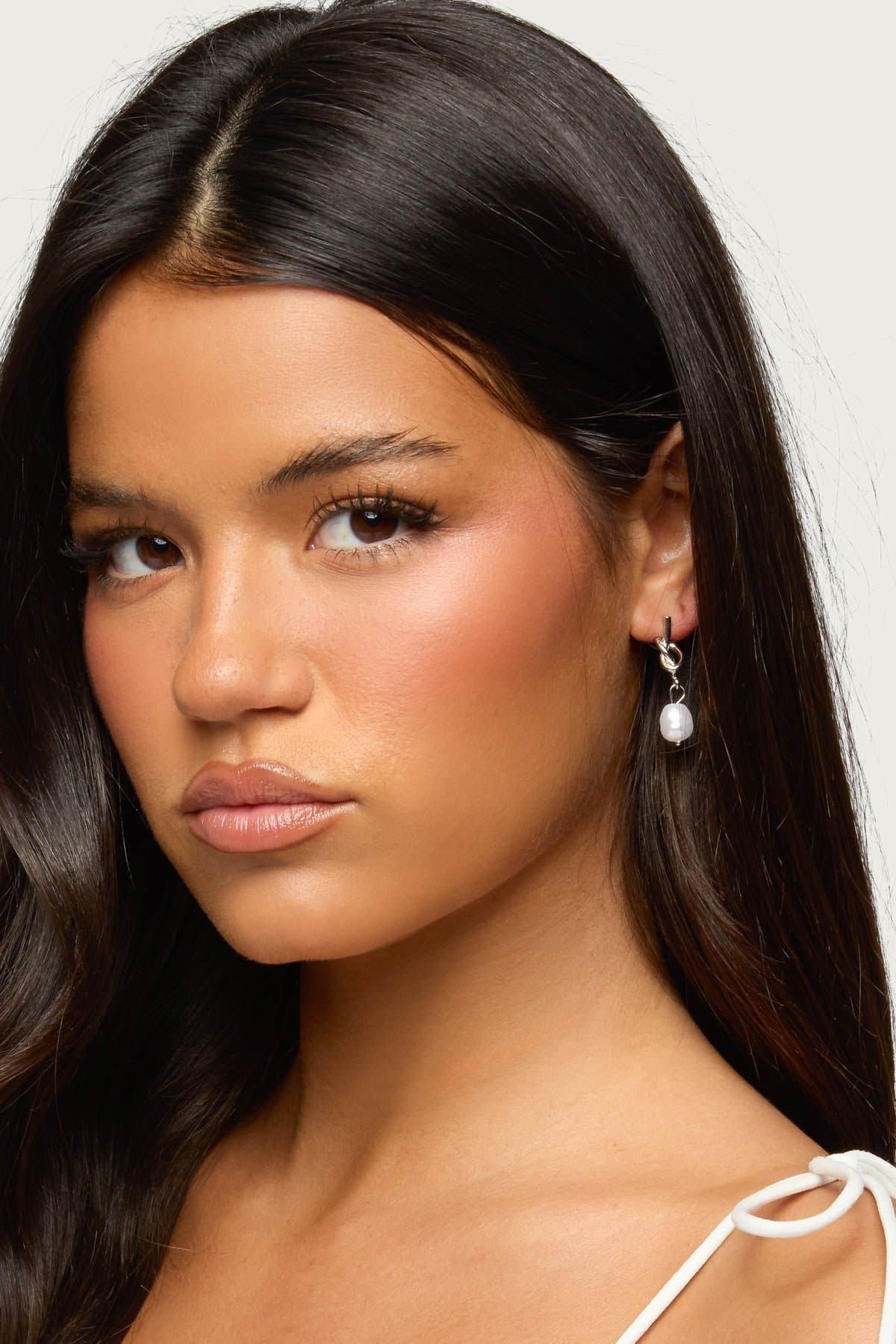 Knotted Pearl Charm Dangling Earrings Silver Tone Metal 1.4 Inch Length