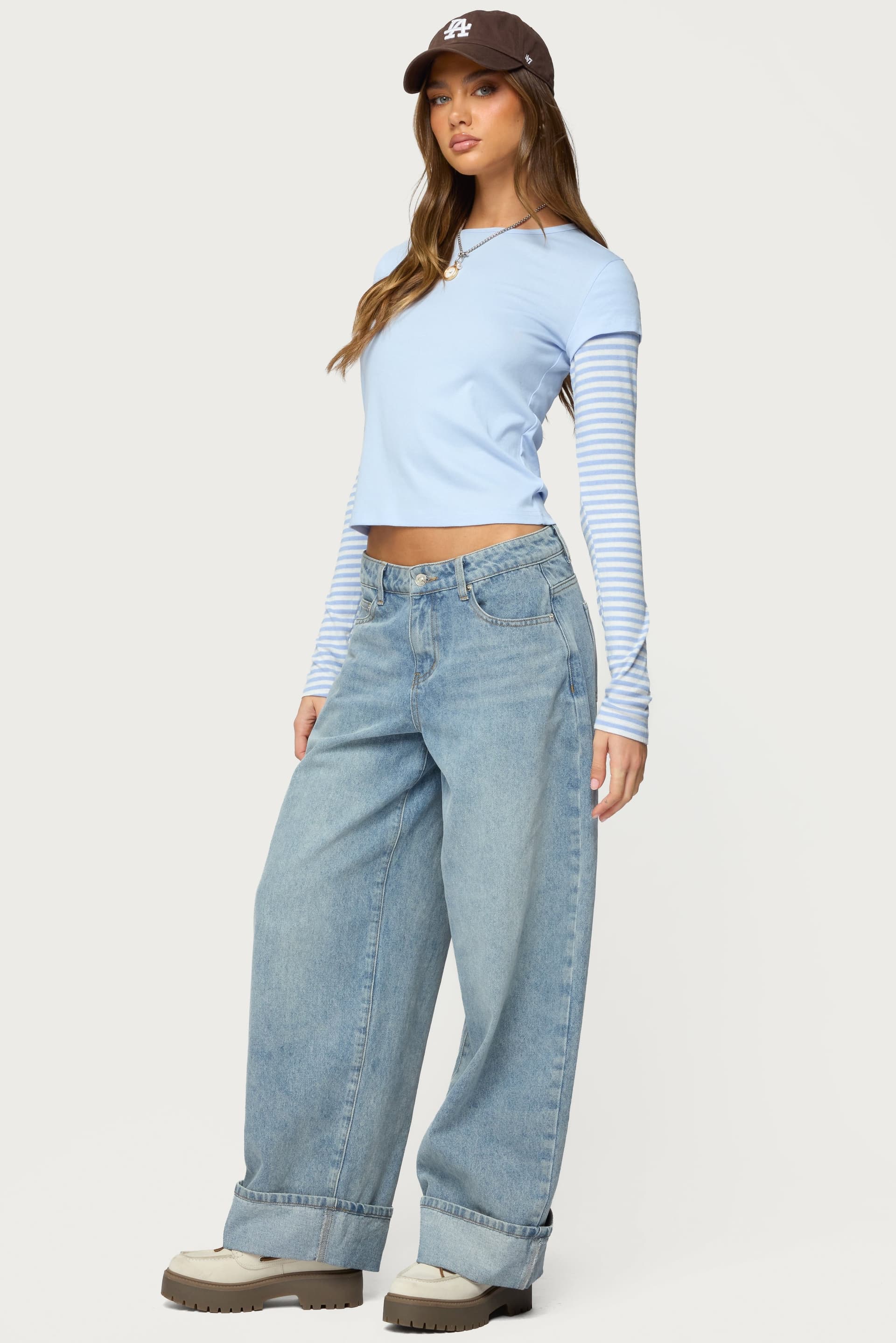 Stripey Layered Long Sleeve T-Shirt - Cotton Rayon Spandex Striped Pointelle Knit