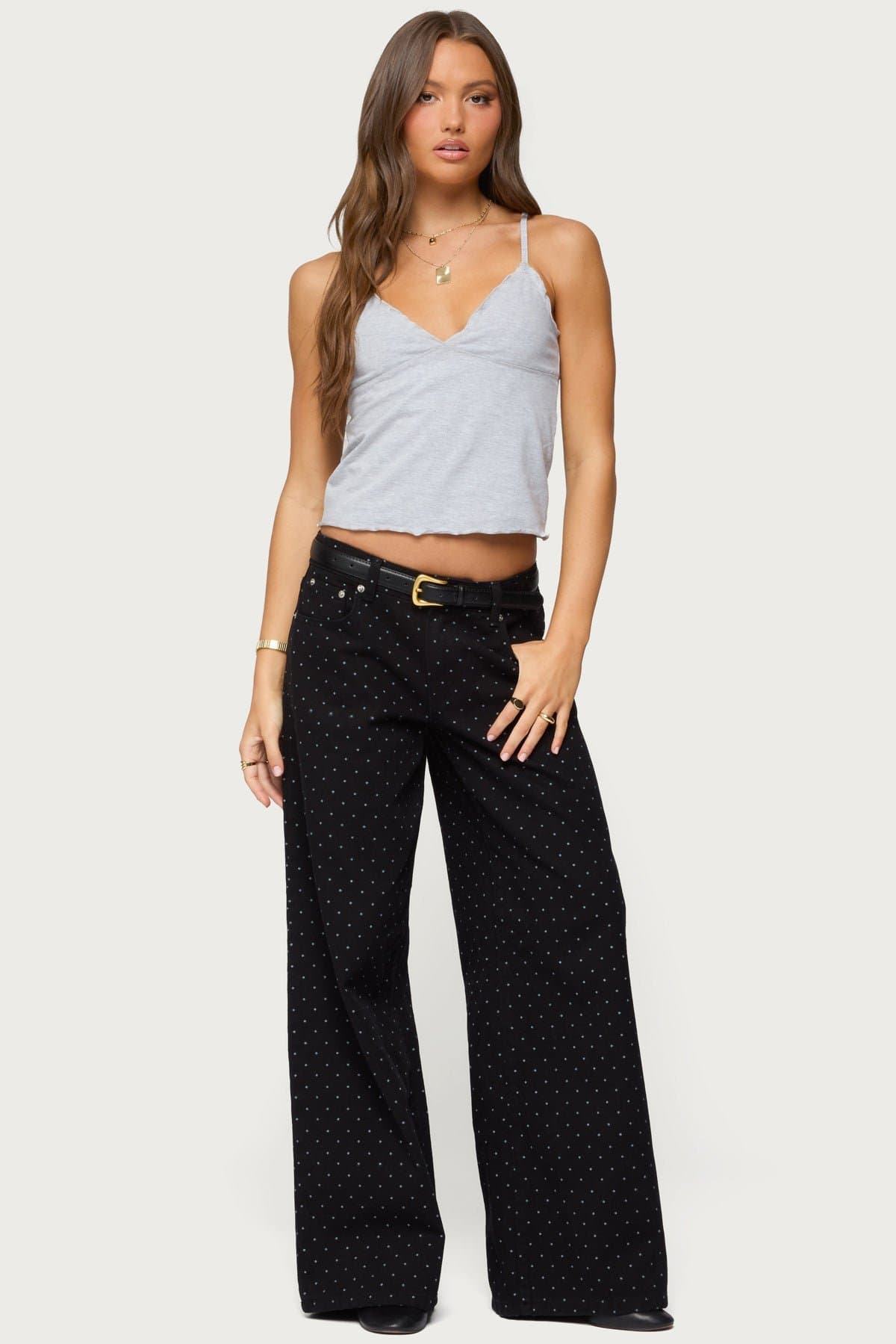 Glendon Babydoll Tank Top with Adjustable Straps, Lettuce Trim, Cotton Spandex