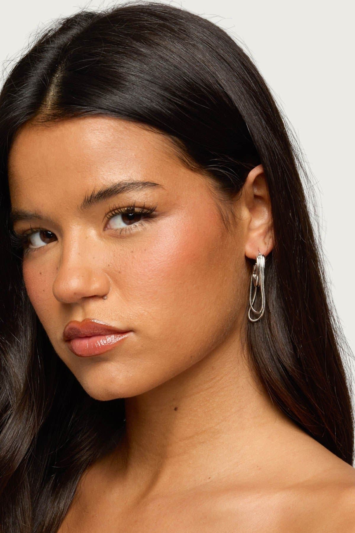 Dangling Chain Hoop Earrings Silver Tone Metal 1.7 Inch Length