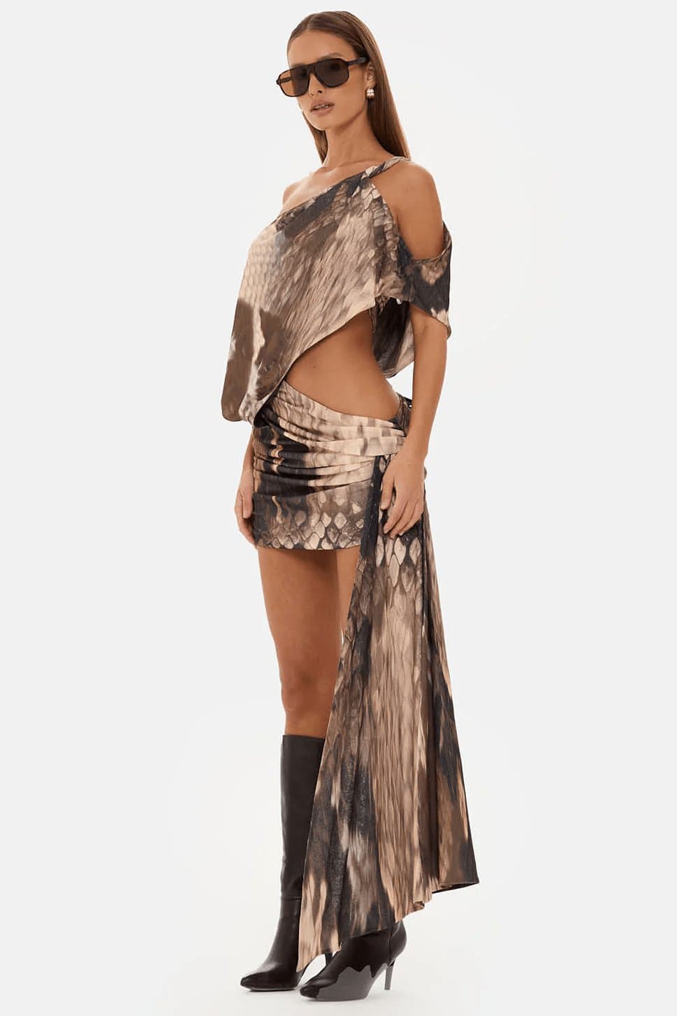 COCO Asymmetric Off Shoulder Snake Print Mini Dress with Ruched Skirt