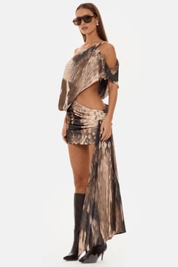 COCO Asymmetric Off Shoulder Snake Print Mini Dress with Ruched Skirt