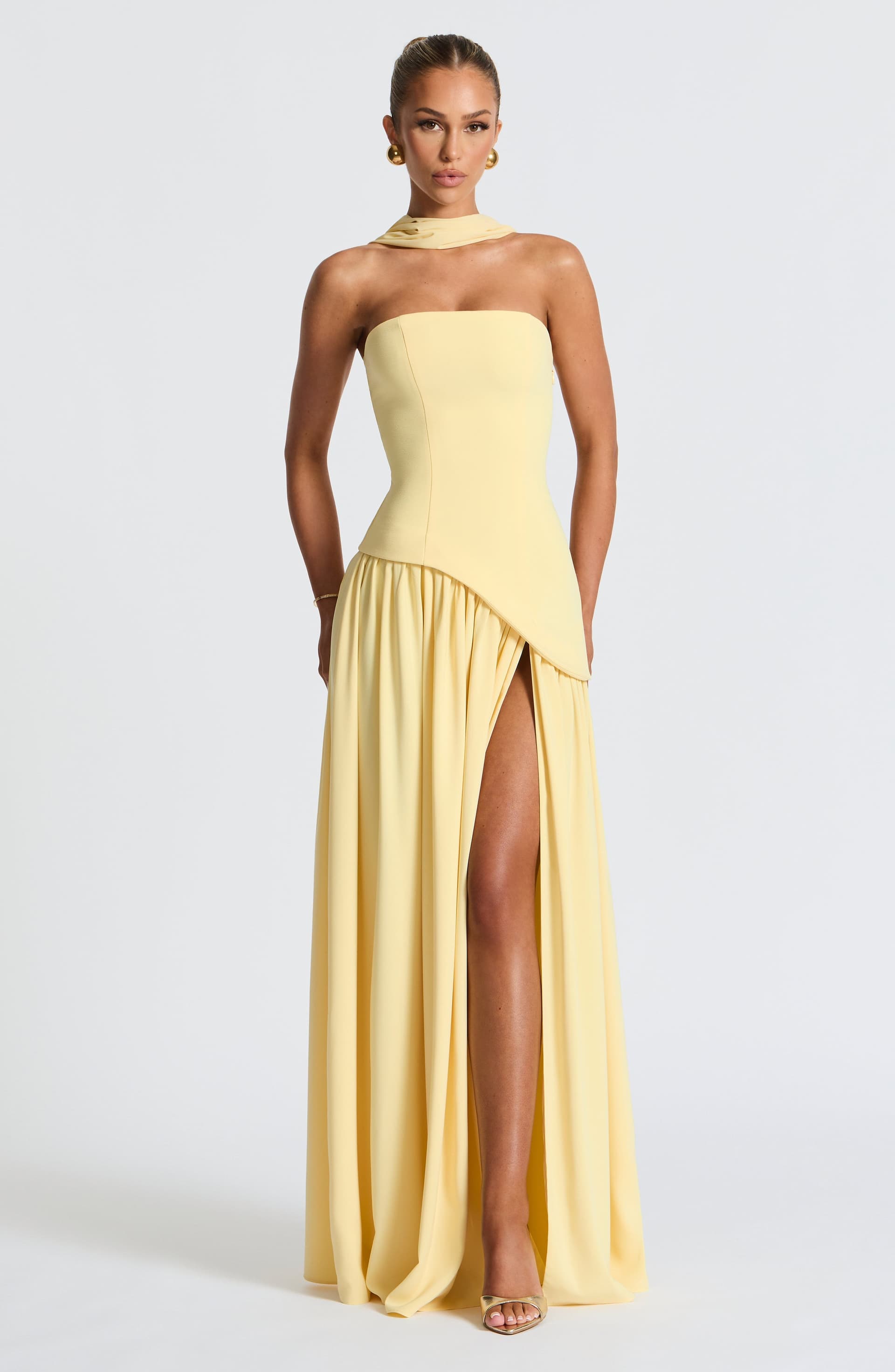 Maliyah Maxi Dress Lemon Crepe Bodice Chiffon Skirt Thigh High Split