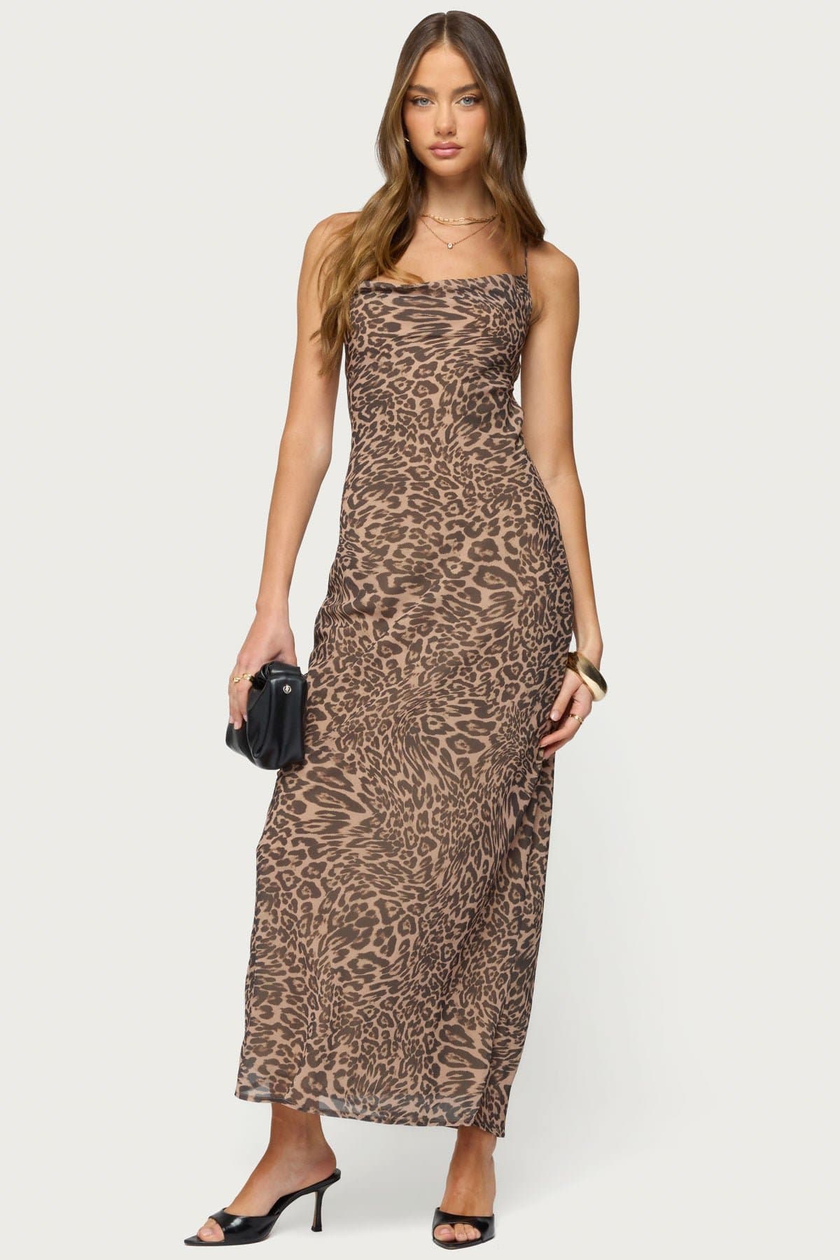 Ayanah Leopard Print Backless Maxi Dress - Cowl Neck Crisscross Tie Polyester